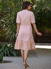 Women'S Pink Cotton Printed Embroidered Flared Dress